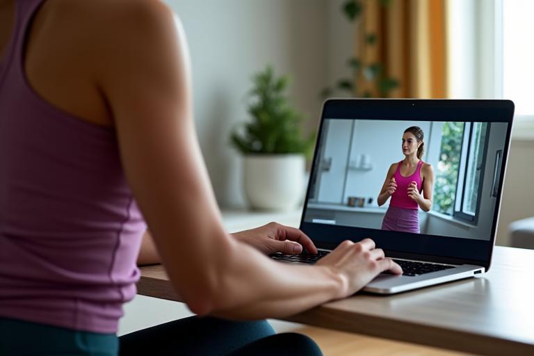 A person following a workout on their laptop at home.