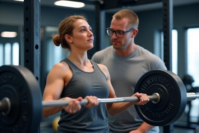 A trainer guiding a client through a deadlift.