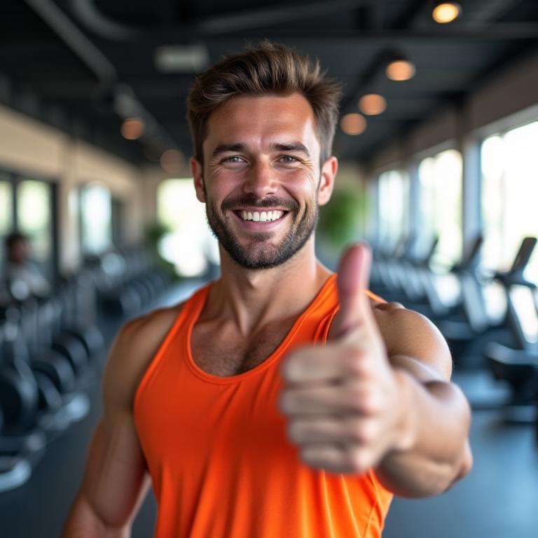 A happy man, Sean D., giving a thumbs up in the gym.